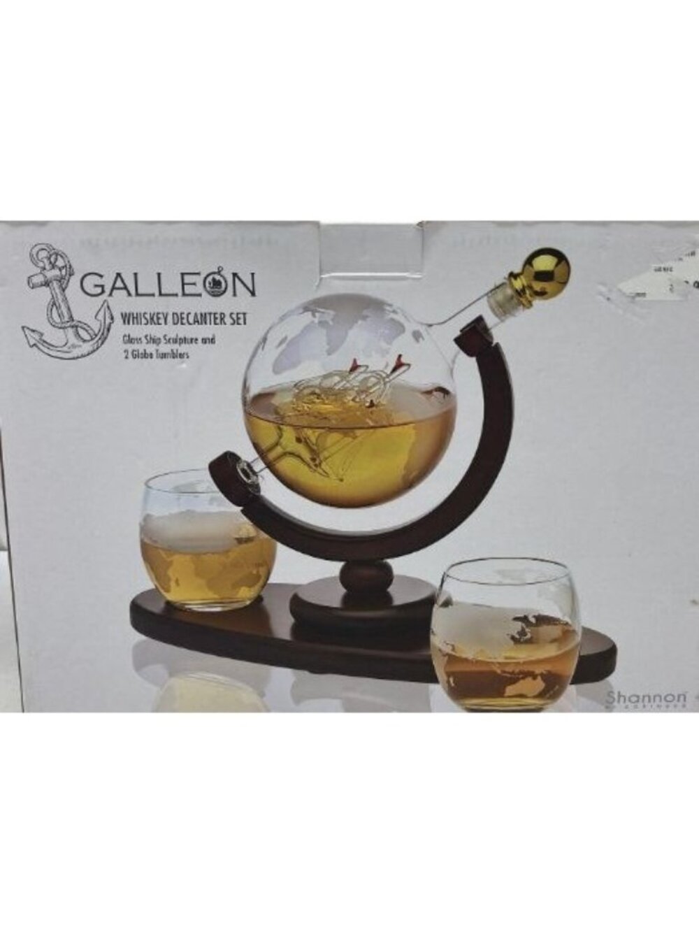 Galleon Whiskey Decanter Set With Glass Ship Sculpture & 2 Globe Tumblers On Woo